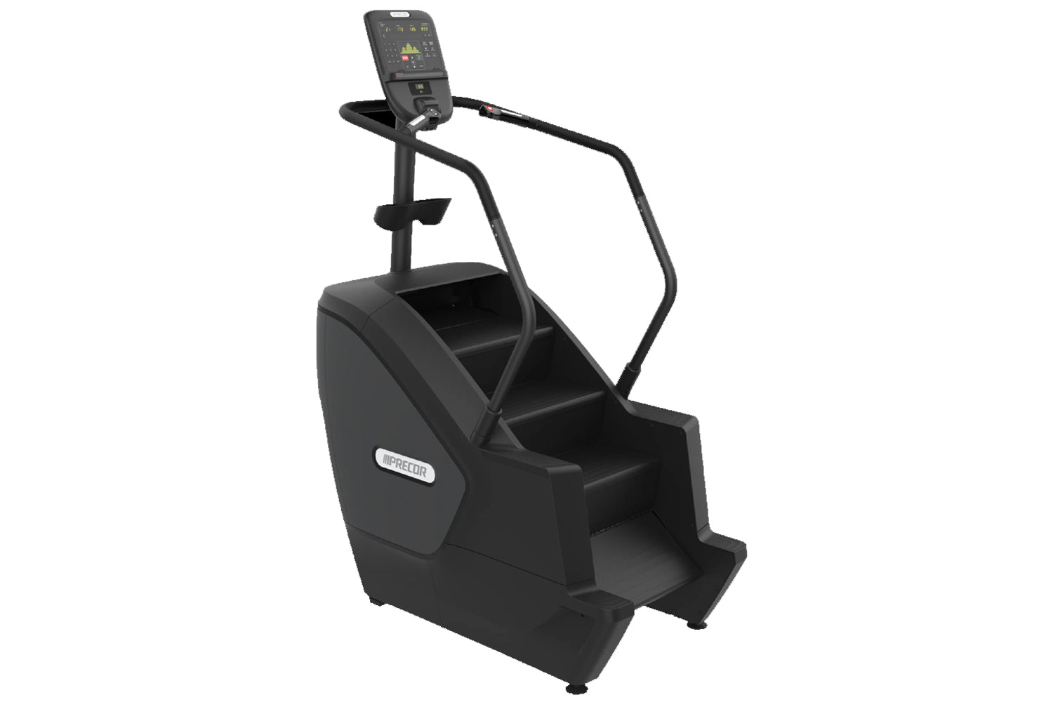 Black Precor stair climber with digital console display, handrails, and step platform on white background
