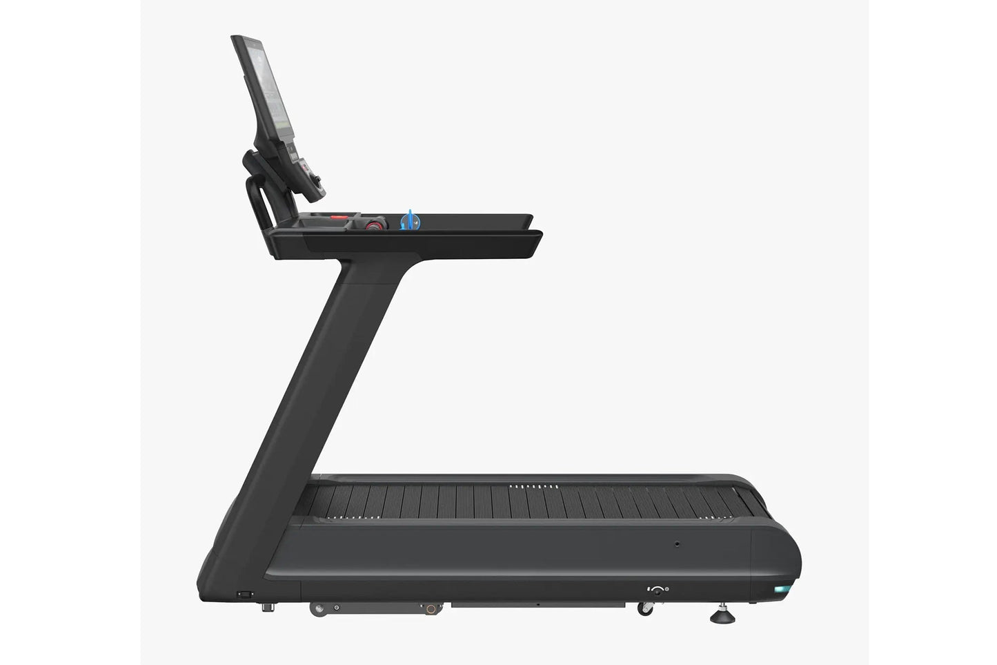 Black Precor Breakaway STM 897 treadmill with digital console and angled running deck on white background