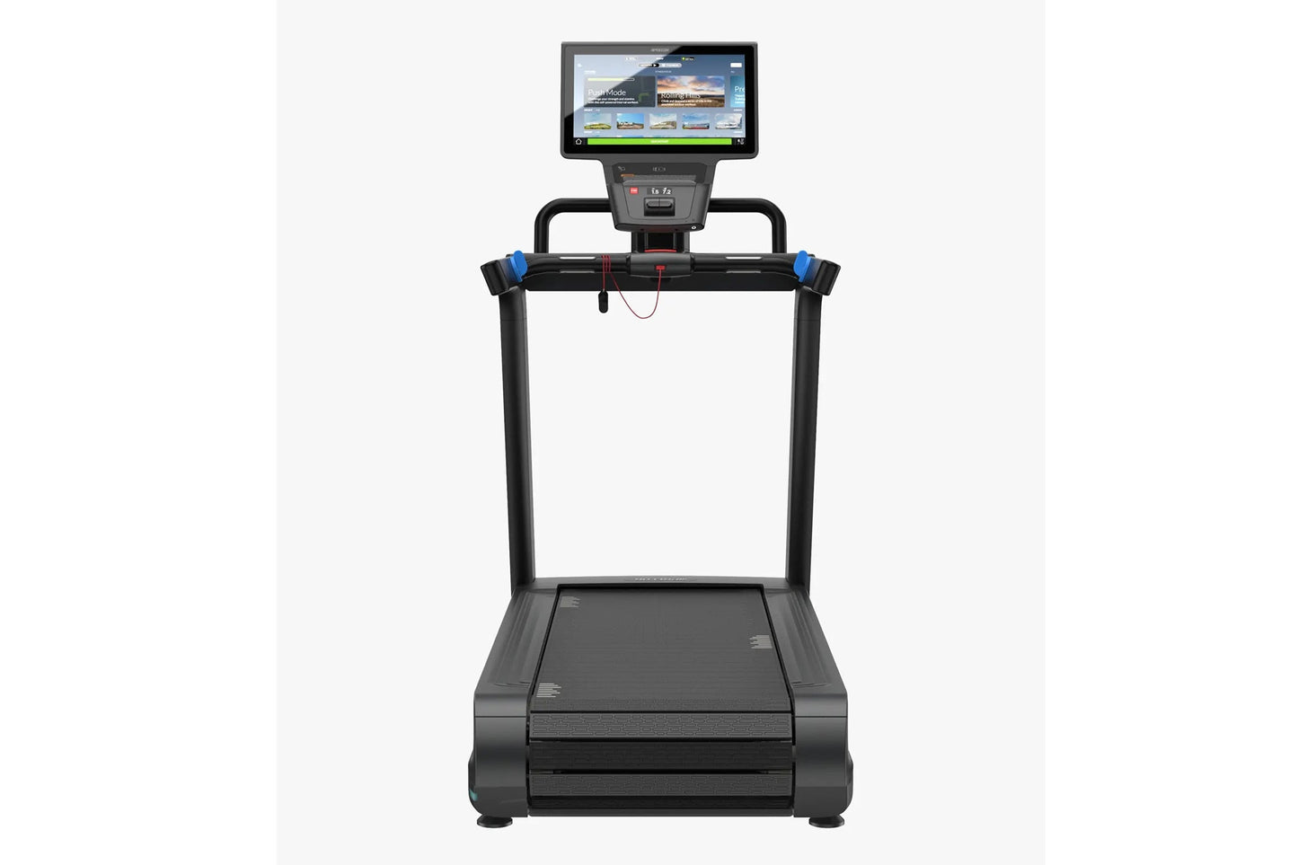 Black Precor Breakaway treadmill with blue hand grips, black running deck, and digital display console mounted on vertical po