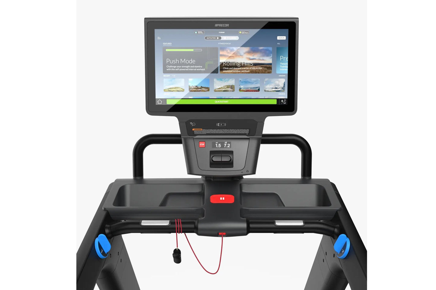 Precor Breakaway STM 897 treadmill with black frame, blue foot pedals, red controls, and digital console displaying workout i