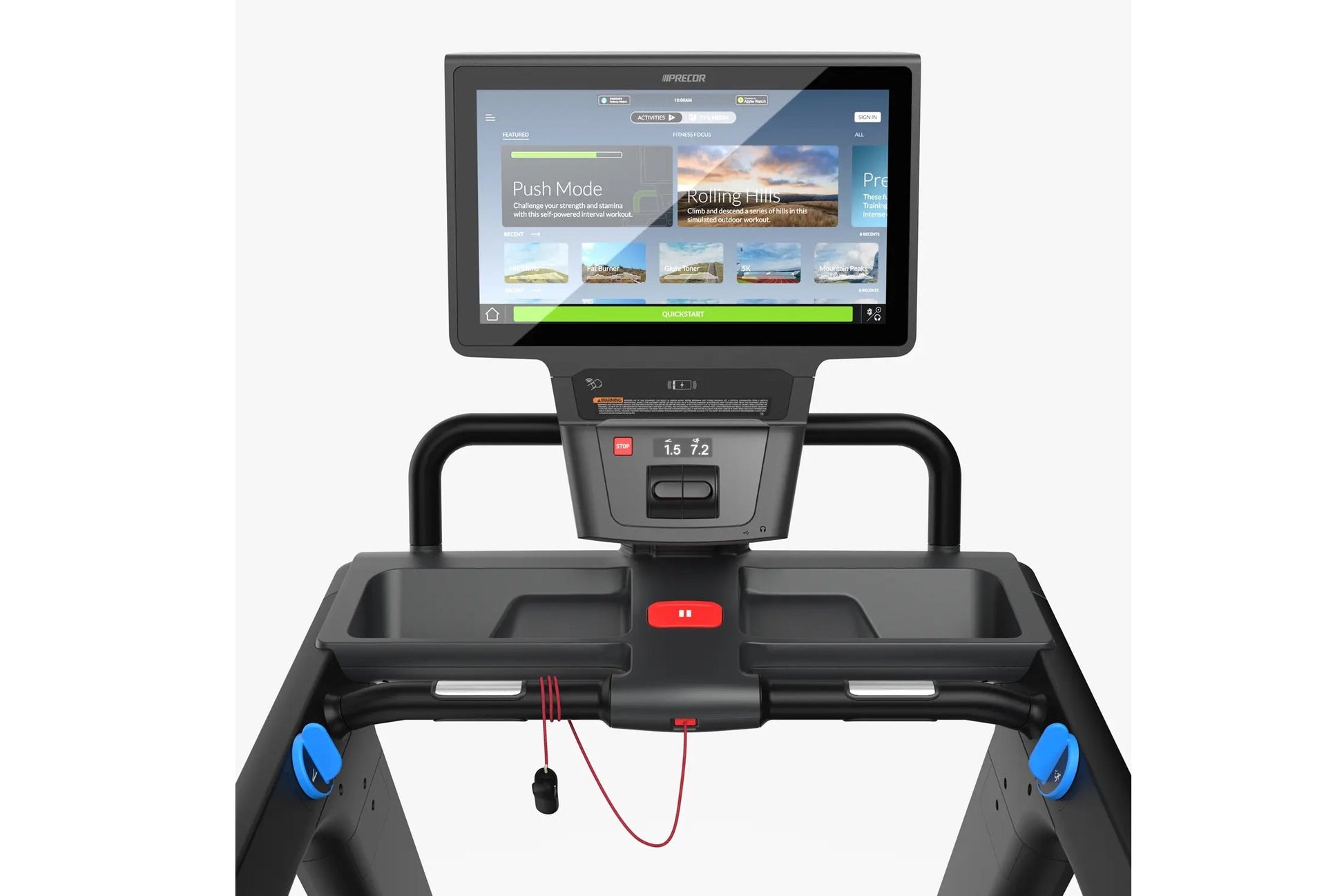 Precor Breakaway STM 897 treadmill with black frame, blue foot pedals, red controls, and digital console displaying workout i