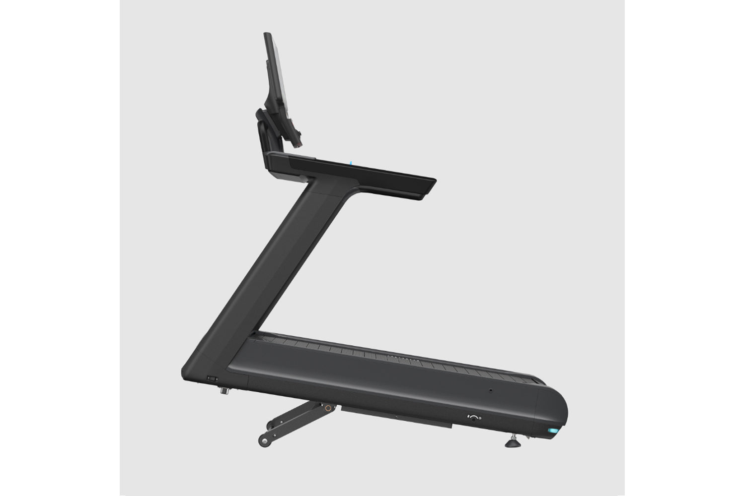 Black Precor treadmill with Z-shaped frame, wide running belt, and digital console mounted on angled upright, on white backgr