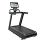Black commercial treadmill with digital display console, handrails with blue accents, and ribbed running belt on white backgr