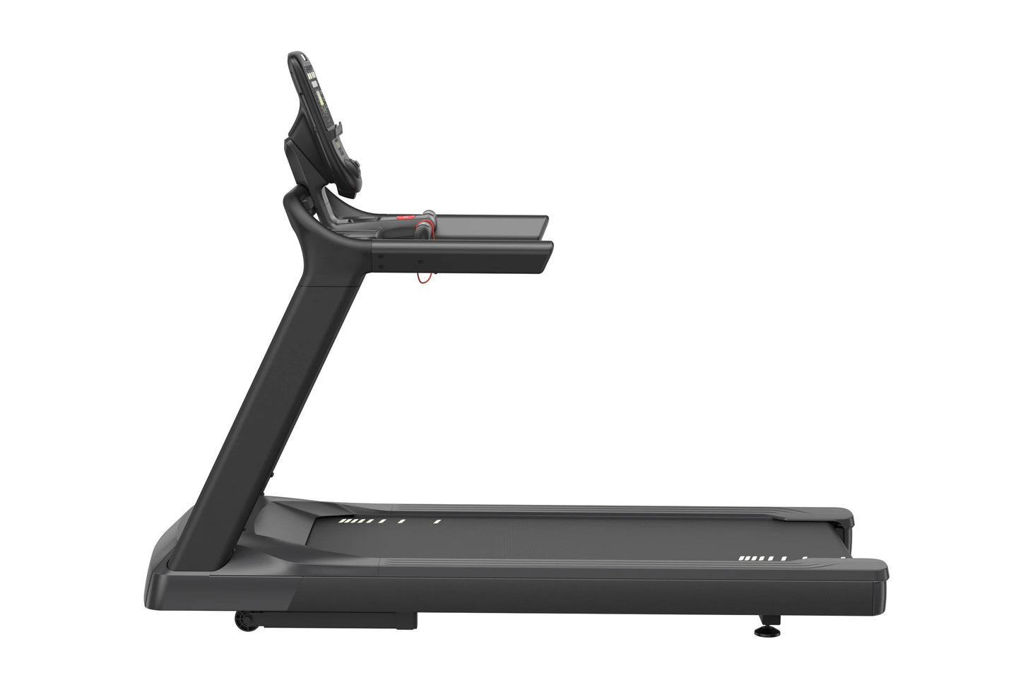 Black commercial treadmill with digital display console and adjustable incline, shown on white background