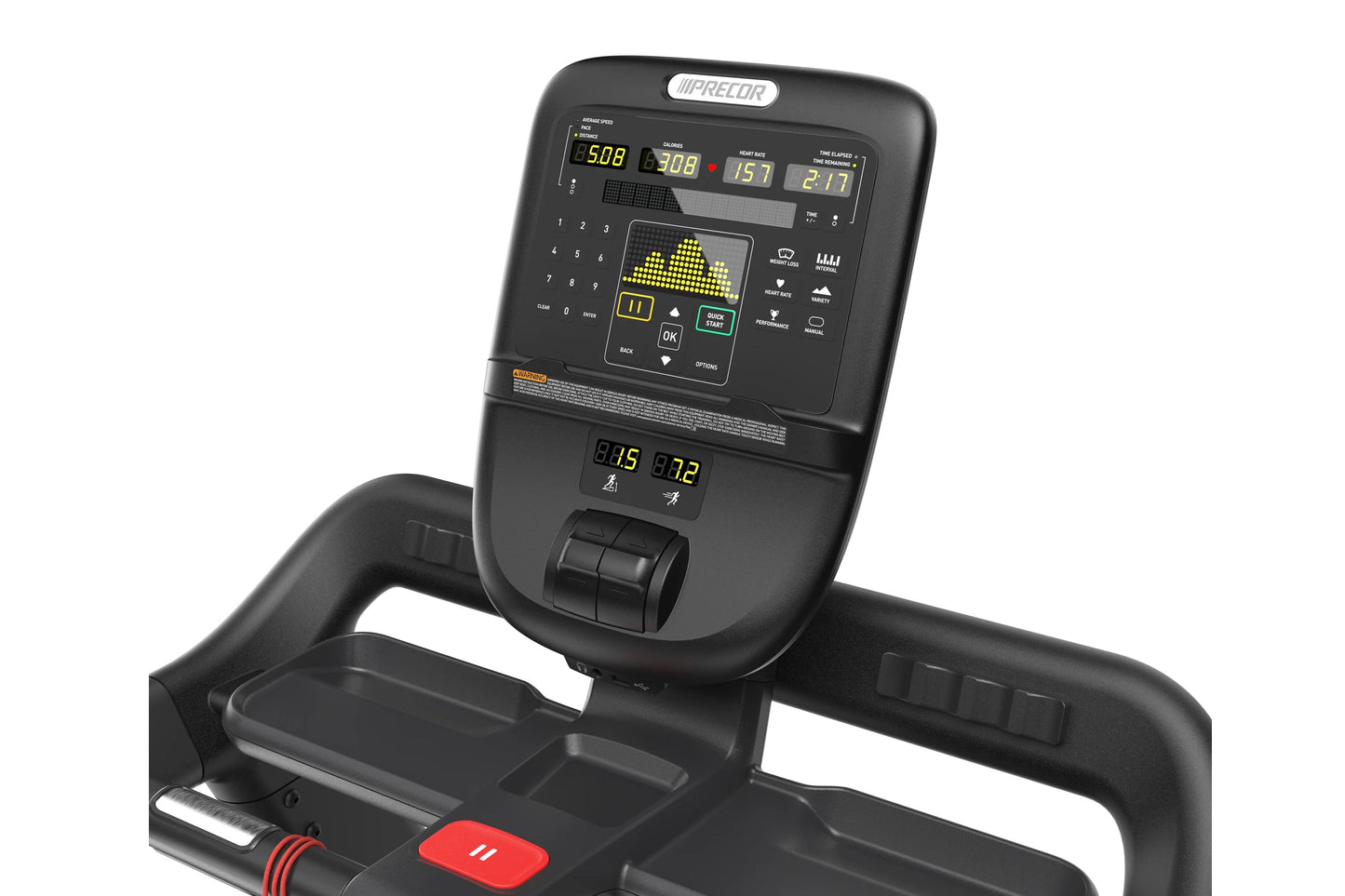 Precor TRM 500 Line black treadmill with digital display console showing workout metrics and yellow graph display on white ba