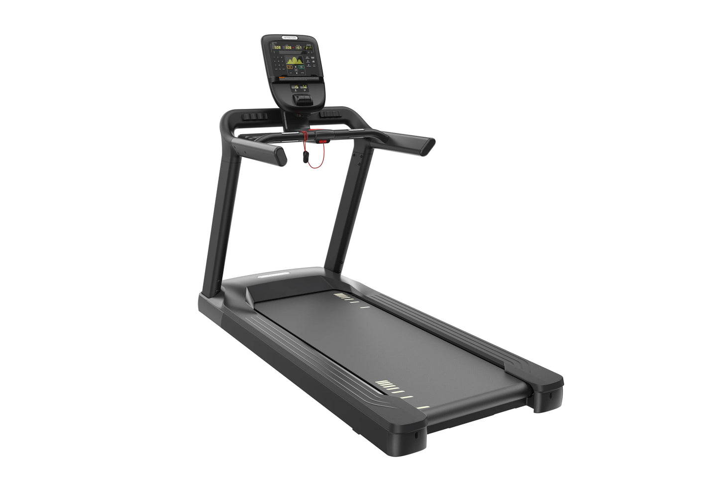 Black Precor TRM 500 treadmill with digital console, dual handles, and cushioned running deck on white background