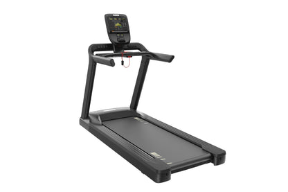 Black Precor TRM 500 treadmill with digital console, dual handles, and cushioned running deck on white background