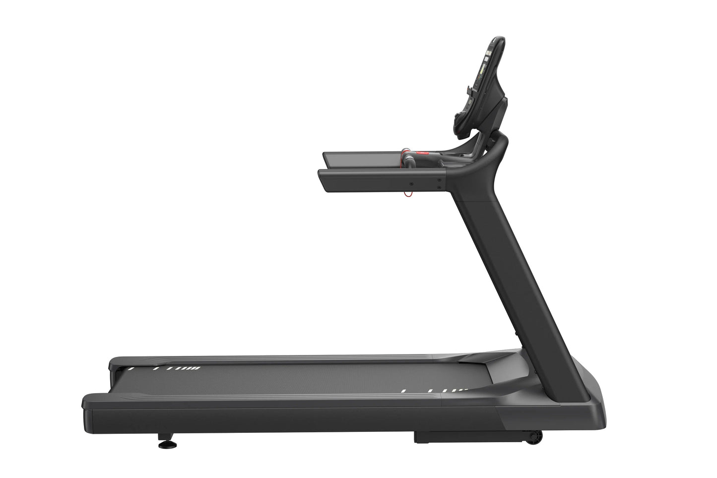 Black motorized treadmill with digital display console and adjustable handrail, shown from side angle on white background