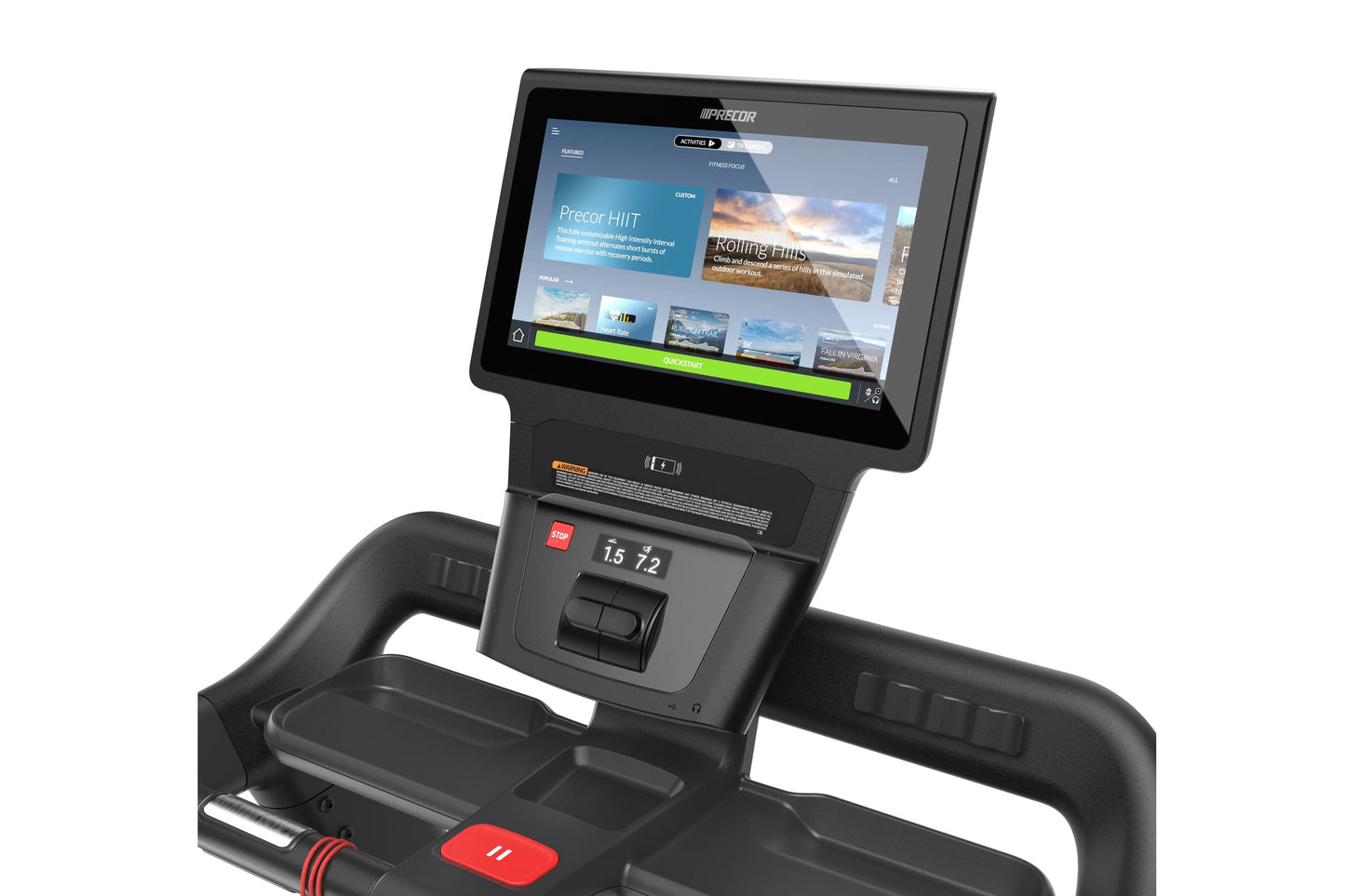 Precor TRM 500 treadmill with black frame, green accent bar, interactive touchscreen display showing workout content, and red