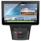 Precor fitness equipment touchscreen console displaying HIIT workouts and rolling hills training programs on black stand with