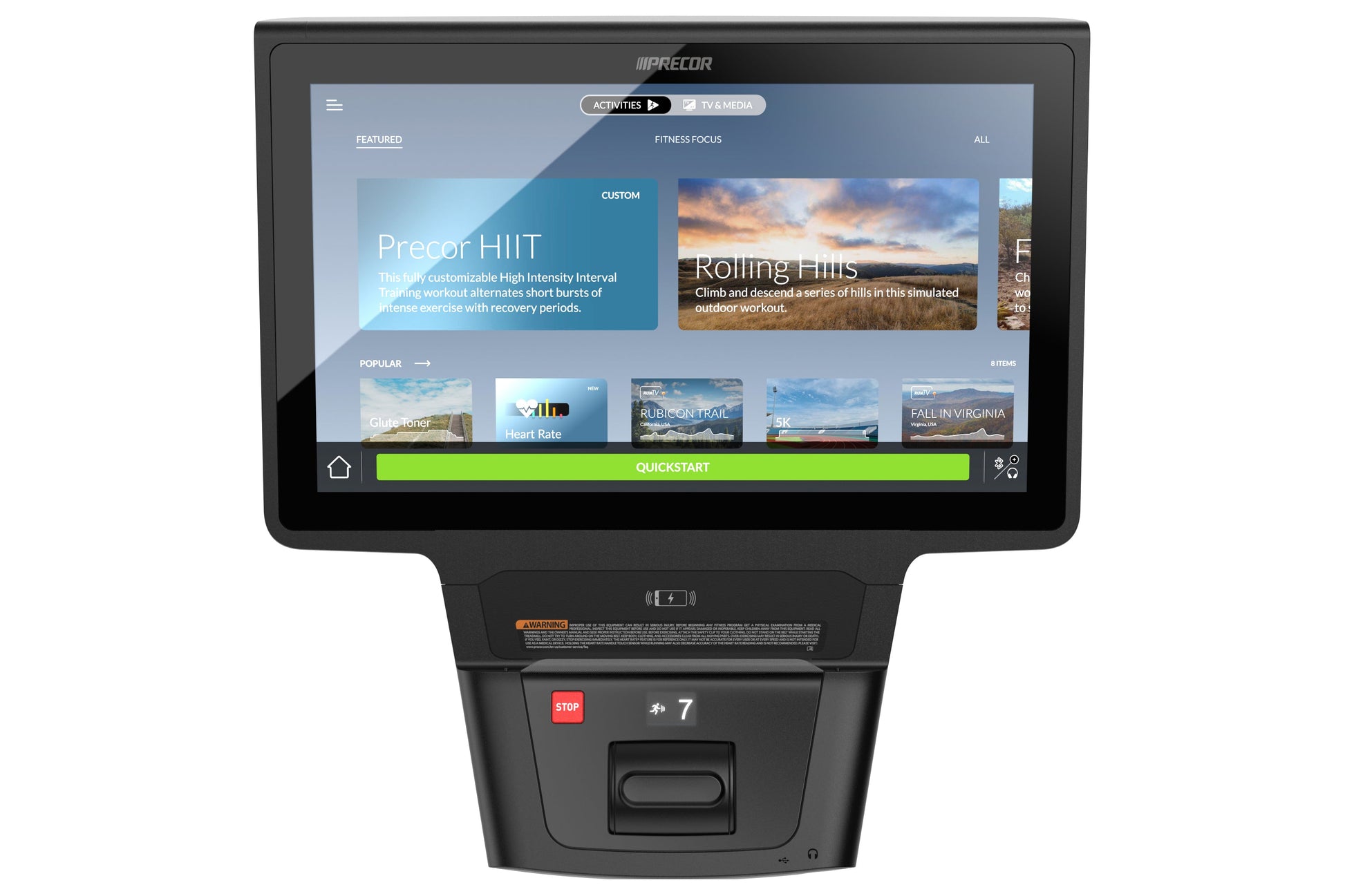 Precor fitness equipment touchscreen console displaying HIIT workouts and rolling hills training programs on black stand with