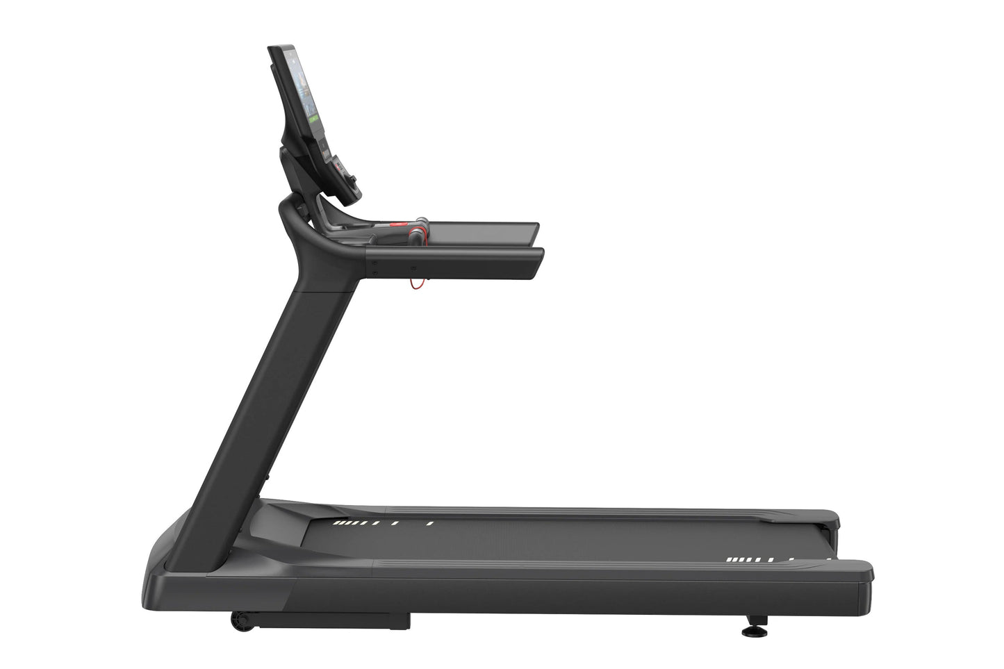 Black Precor commercial treadmill with digital display console, wide running belt, and adjustable incline, photographed on wh