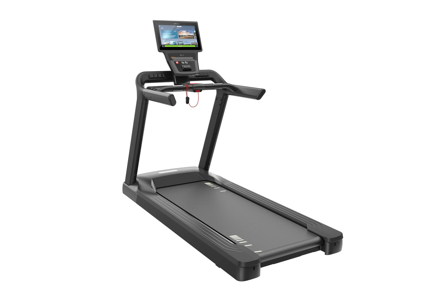 Black commercial treadmill with digital touchscreen console, dual handrails, and running belt on white background