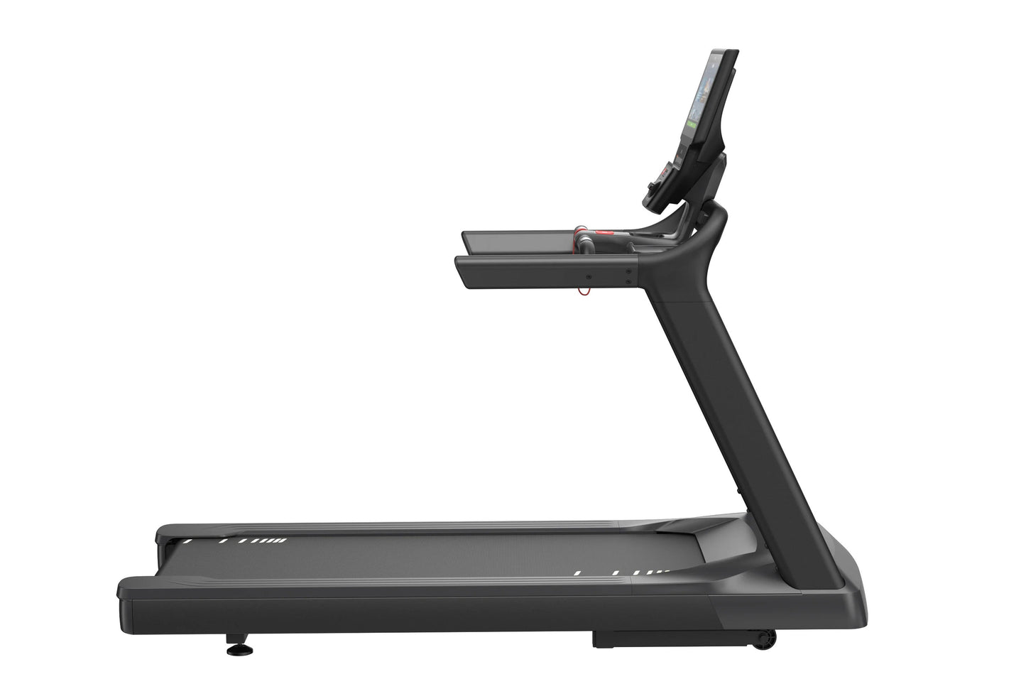 Black commercial treadmill with digital display console, wide running deck, and adjustable handrails on white background