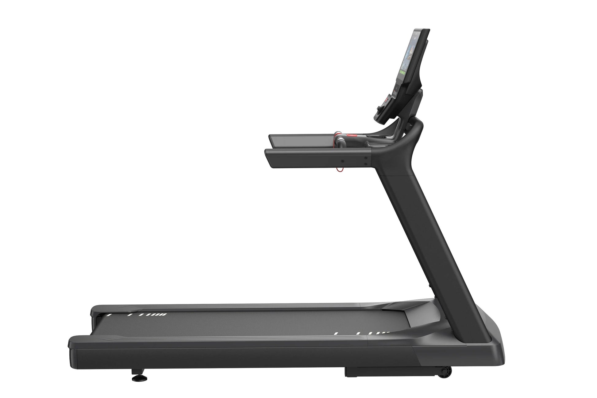 Black commercial treadmill with digital display console, wide running deck, and adjustable handrails on white background