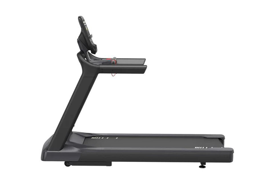 Black motorized treadmill with upright console, handrails, and wide running deck on white background
