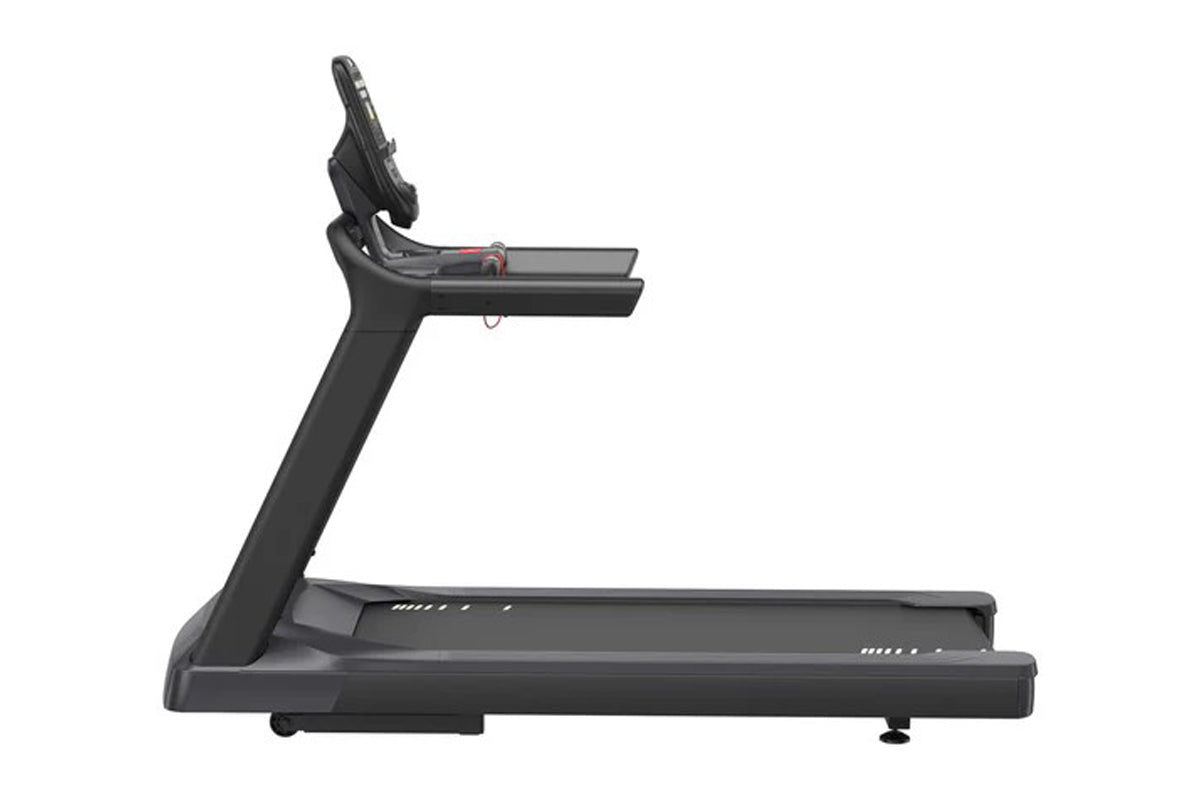 Black motorized treadmill with upright console and handrails, featuring wide running belt and digital display on white backgr