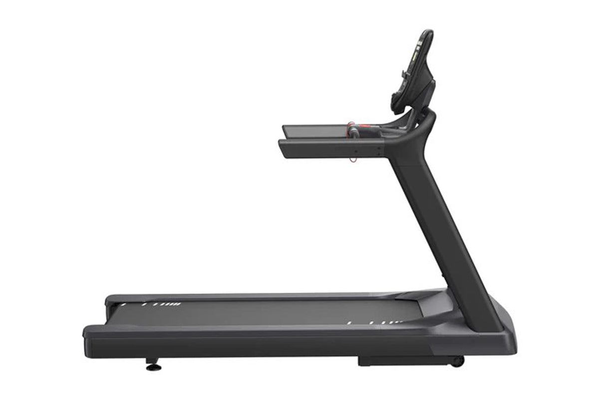 Black commercial treadmill with digital console, wide running deck, and adjustable upright handlebar on white background