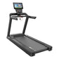 Black motorized treadmill with digital display console, padded running deck, and dual hand rails on white background