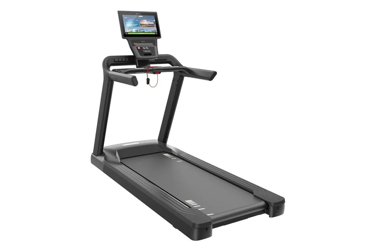 Black motorized treadmill with digital display console, padded running deck, and dual hand rails on white background