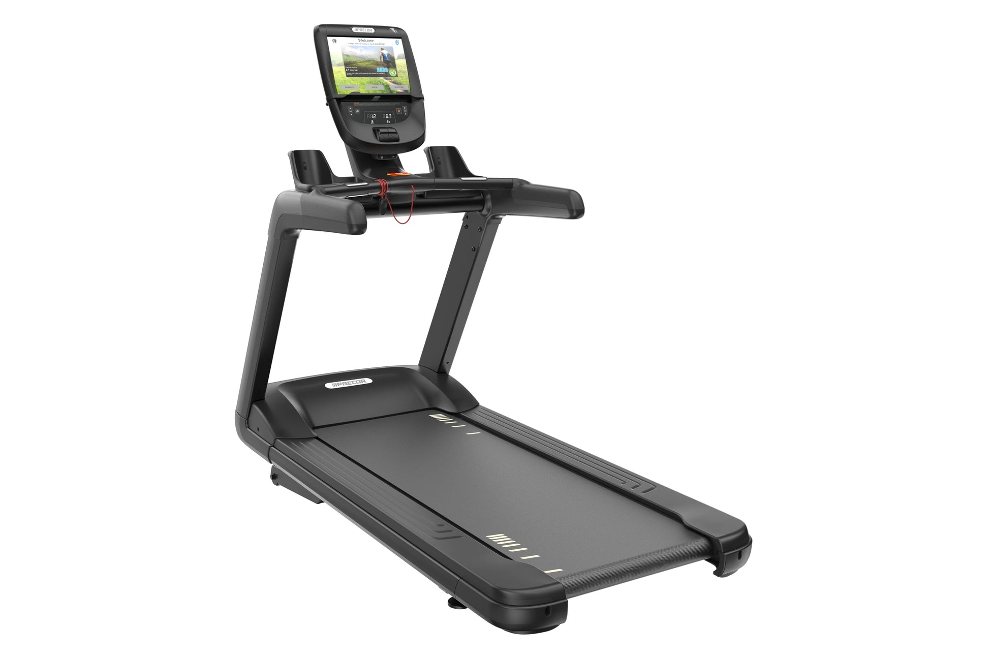 Black commercial treadmill with digital touchscreen console displaying fitness metrics and landscape video on white backgroun