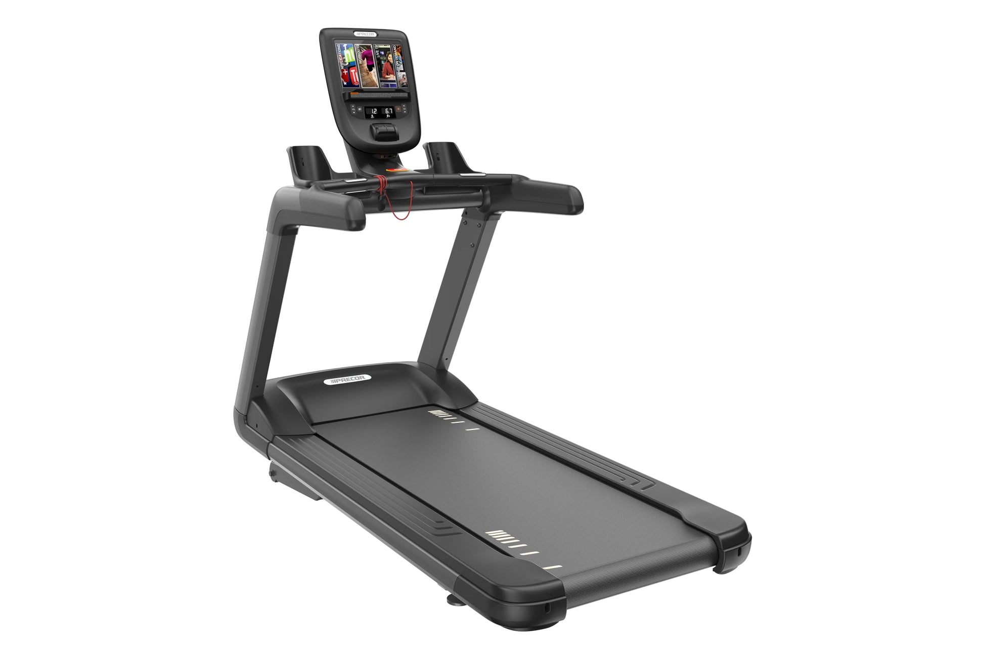 Black commercial treadmill with digital console display, handrails, and running deck on white background