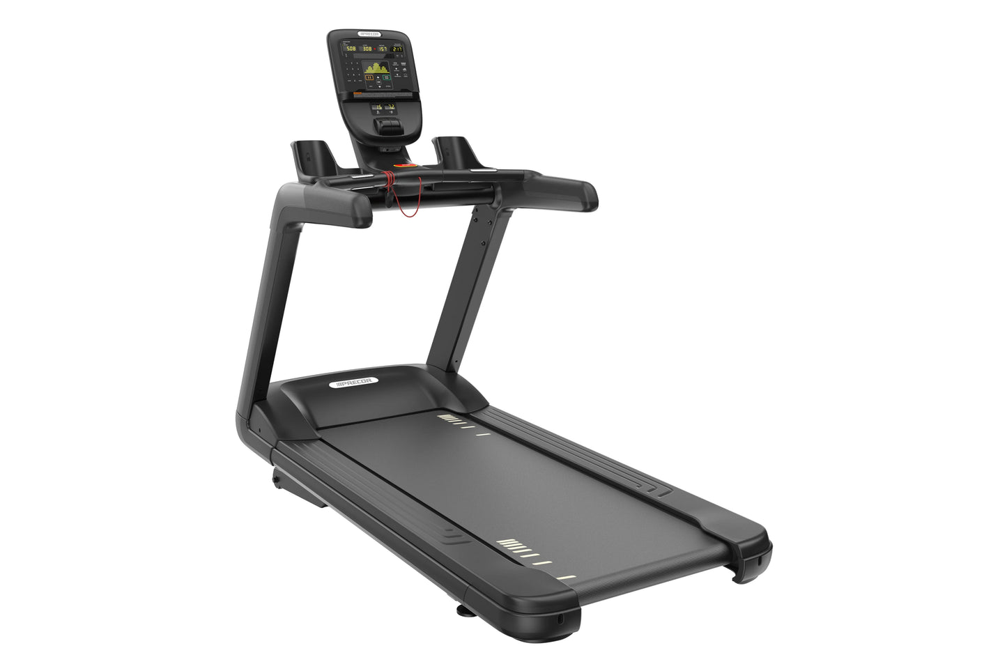 Black commercial treadmill with digital console display, handrails, and wide running deck on white background