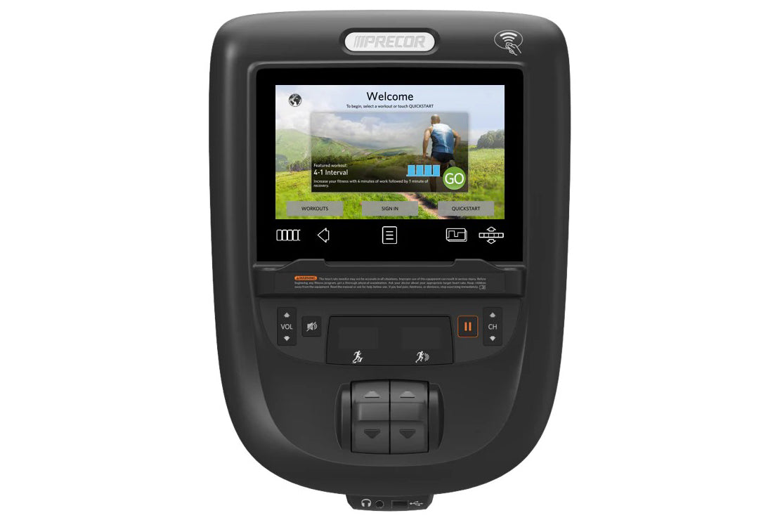 Precor TRM 600 Line black treadmill with touchscreen display showing welcome interface and exercise controls, front view on w
