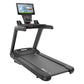 Black Precor TRM 600 treadmill with touchscreen display console and handrails, on white background