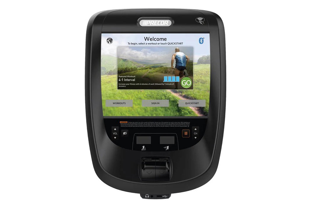 Black Precor TRM 681 treadmill with touchscreen display showing welcome screen and featured workout options, front view on wh