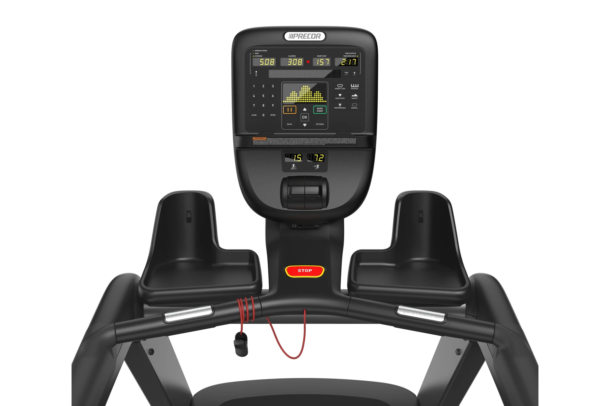 Precor TRM 700 treadmill with black frame, dual seat handles, digital console displaying workout metrics, and red emergency s