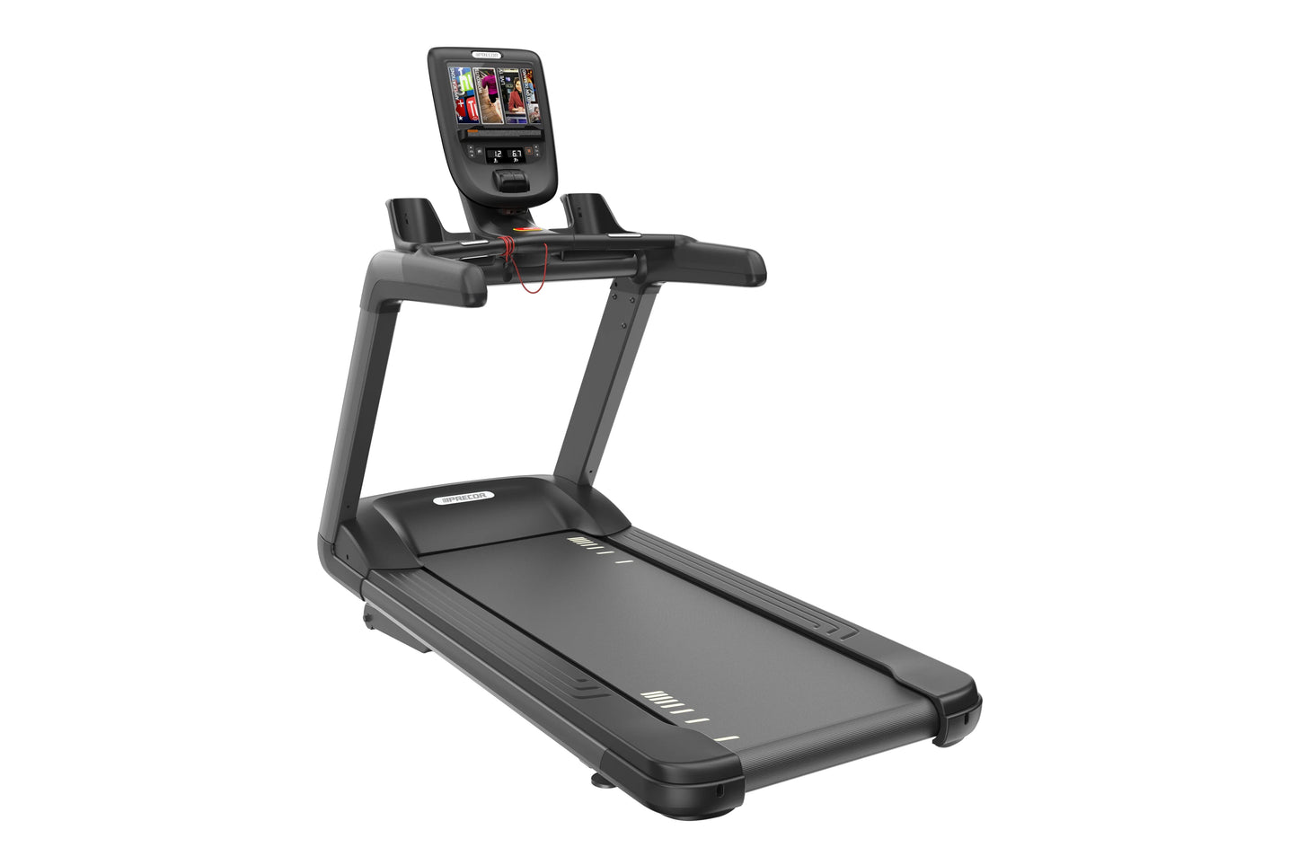 Black commercial treadmill with digital console display, handrails, and cushioned running deck on white background