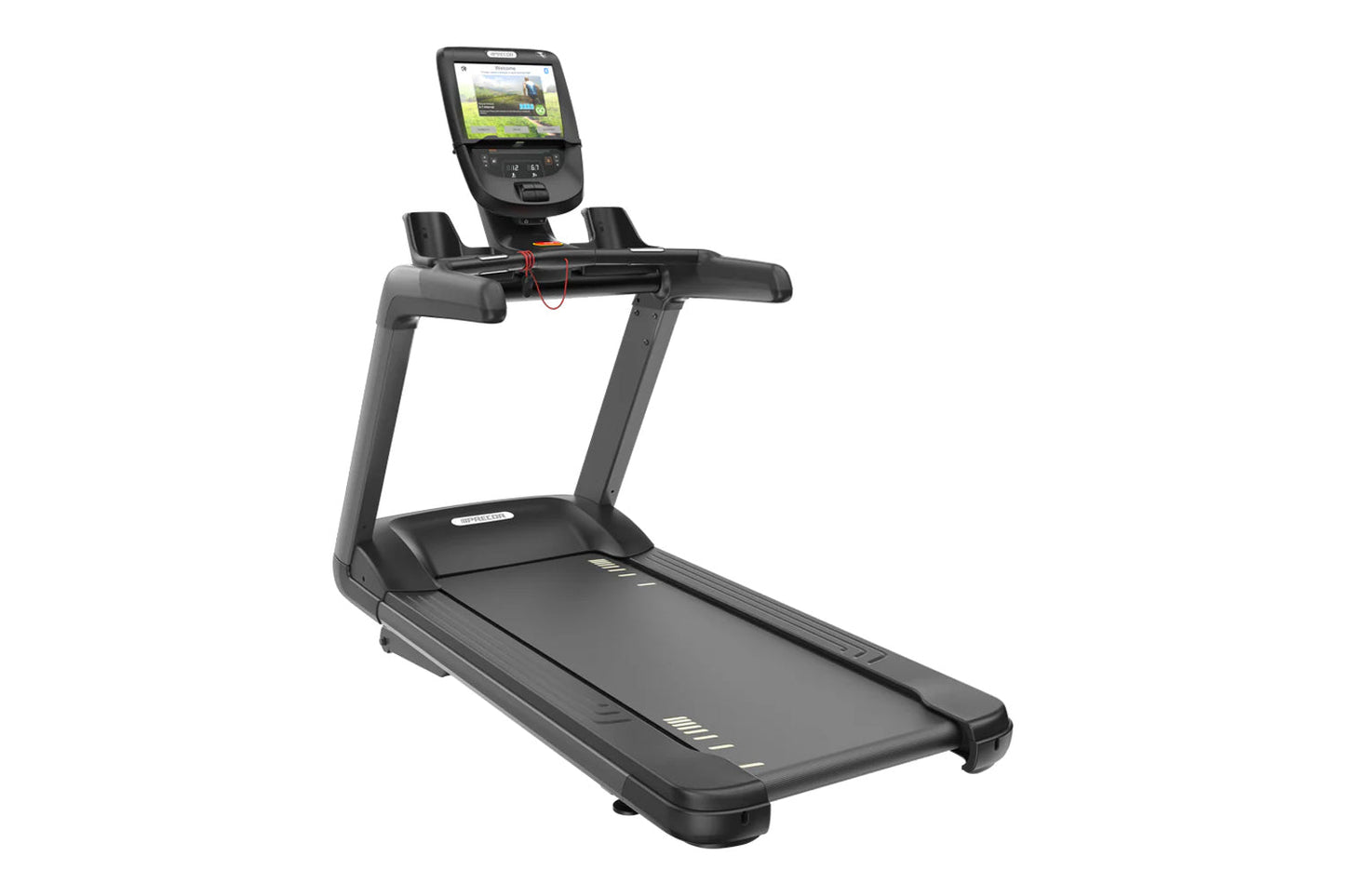 Black commercial treadmill with digital console display showing workout video, handrails, and running belt on white backgroun