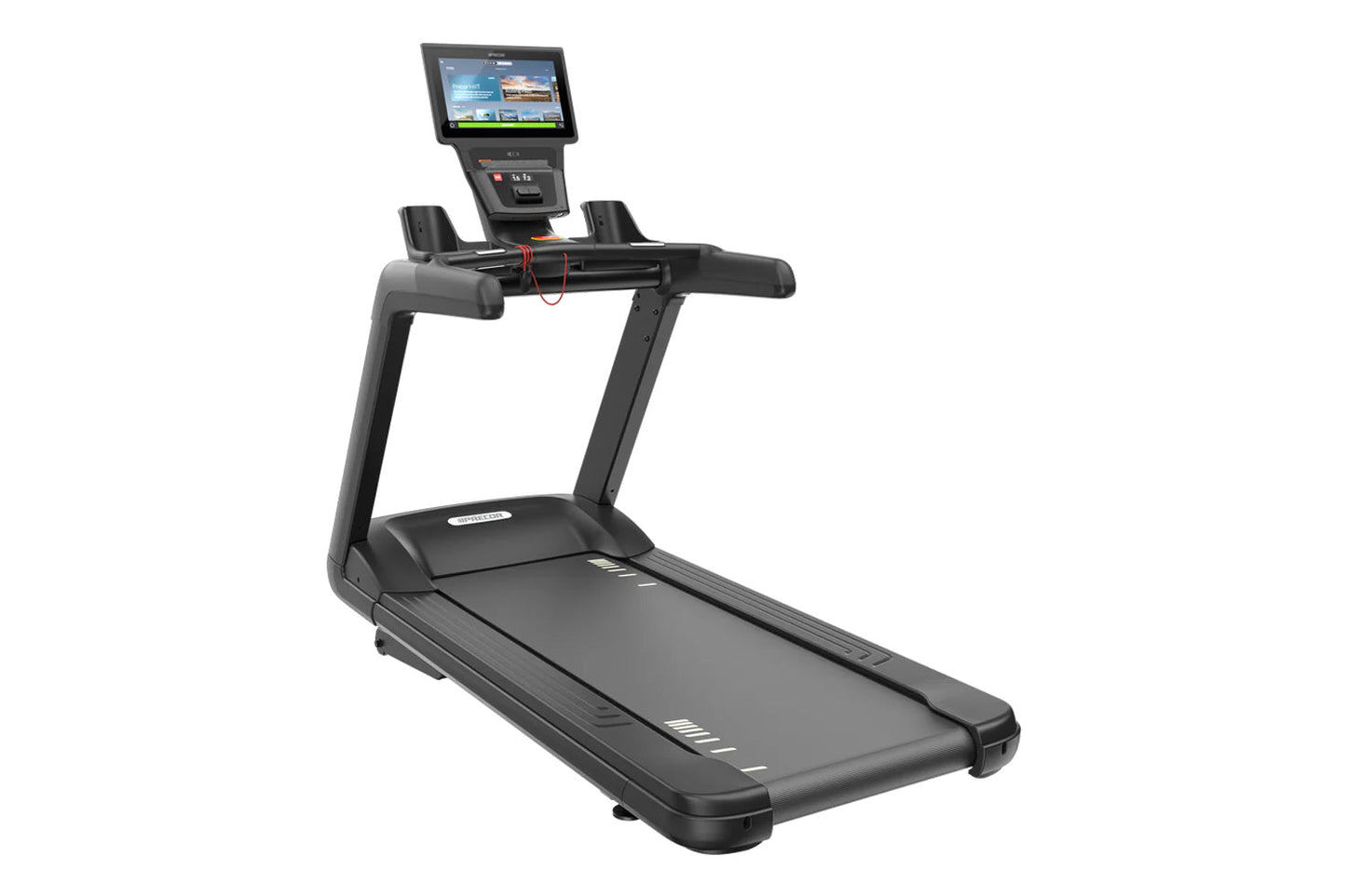 Black motorized treadmill with touchscreen display console, handrails, and red headphone cord on white background