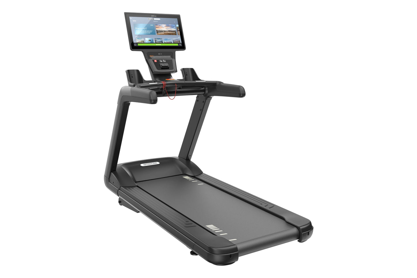 Black commercial treadmill with digital console display and touchscreen, handrails, and running deck on white background