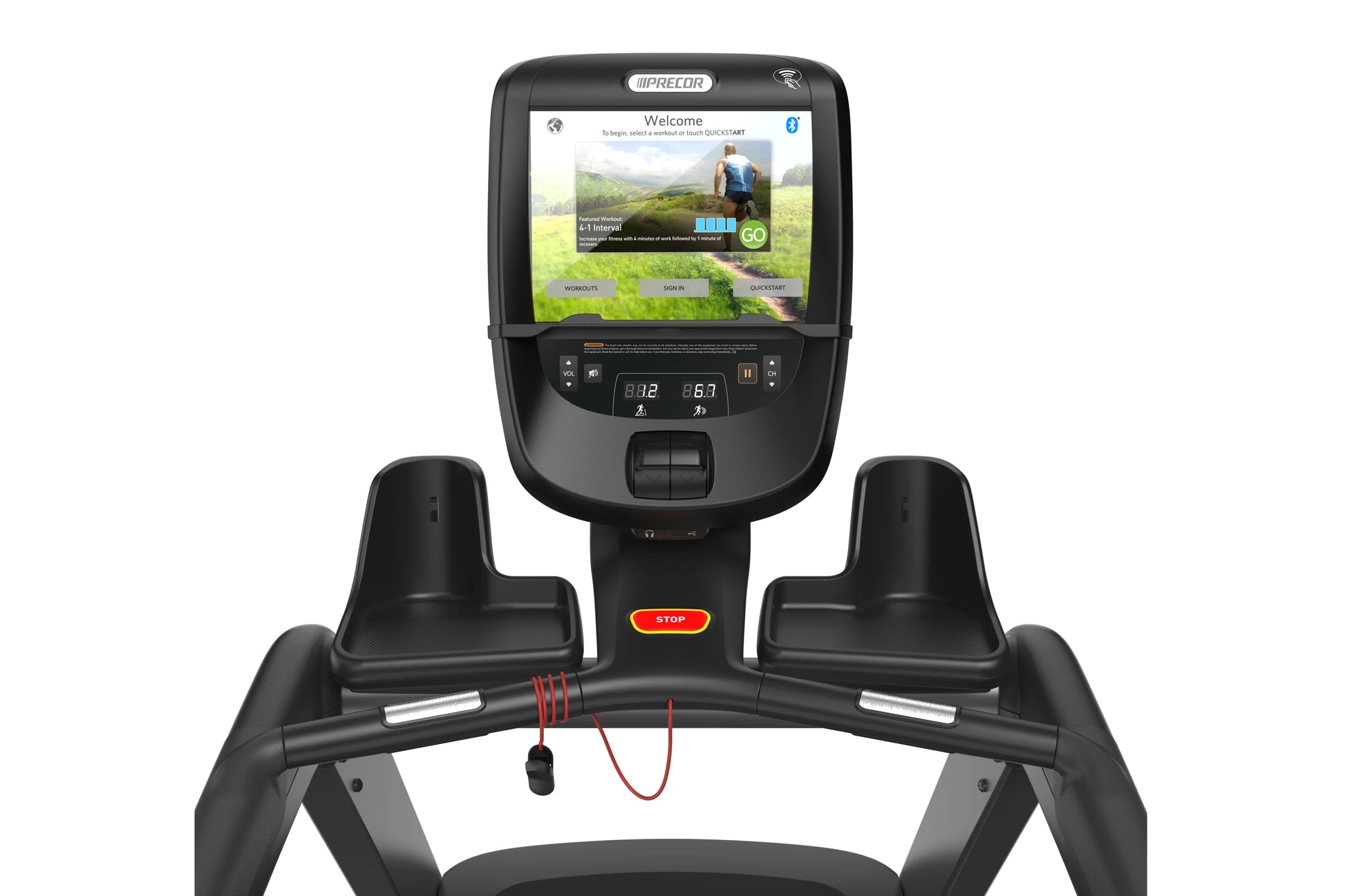 Precor TRM 700 treadmill with black frame, digital touchscreen display showing welcome screen, and red emergency stop button,