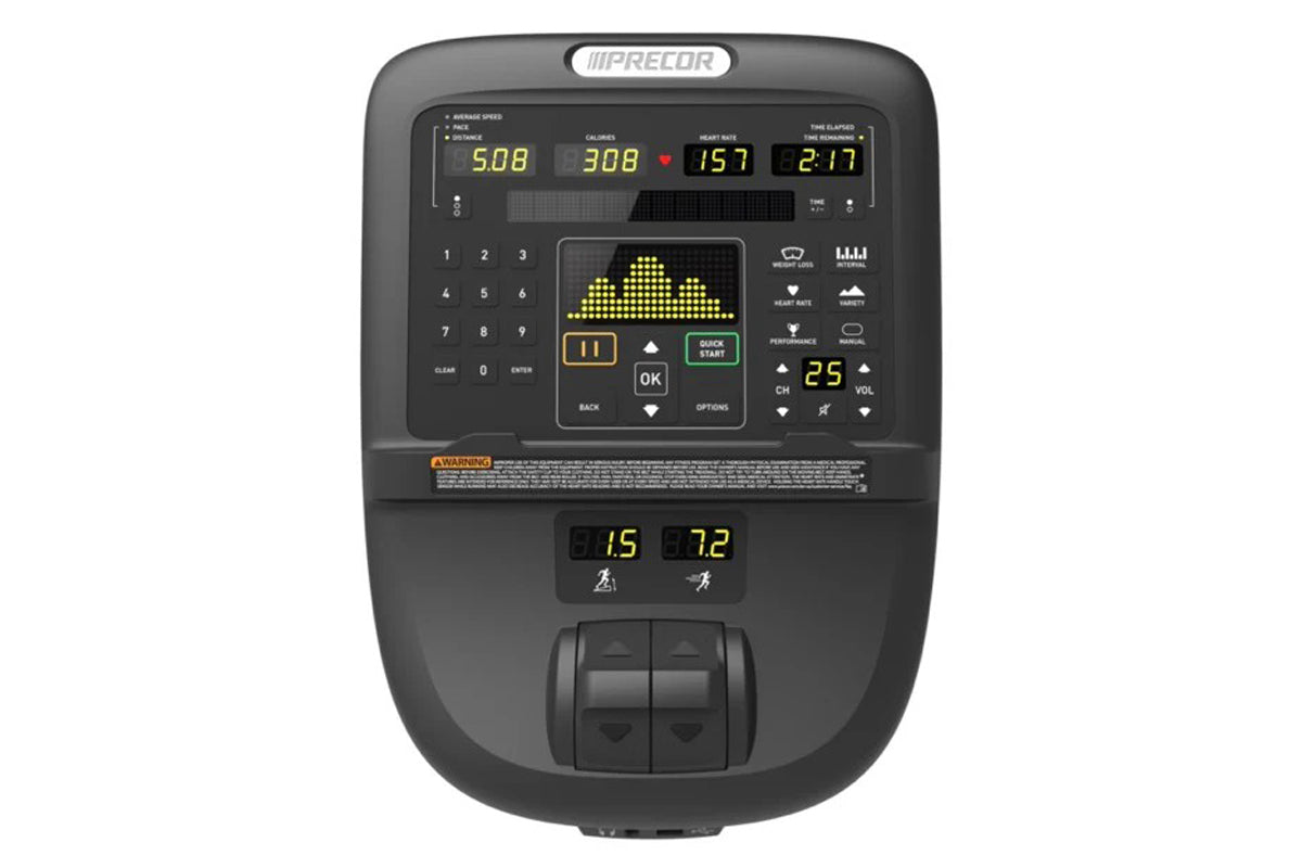 Precor TRM 800 treadmill console with digital display showing metrics, numeric keypad, and control buttons on white backgroun