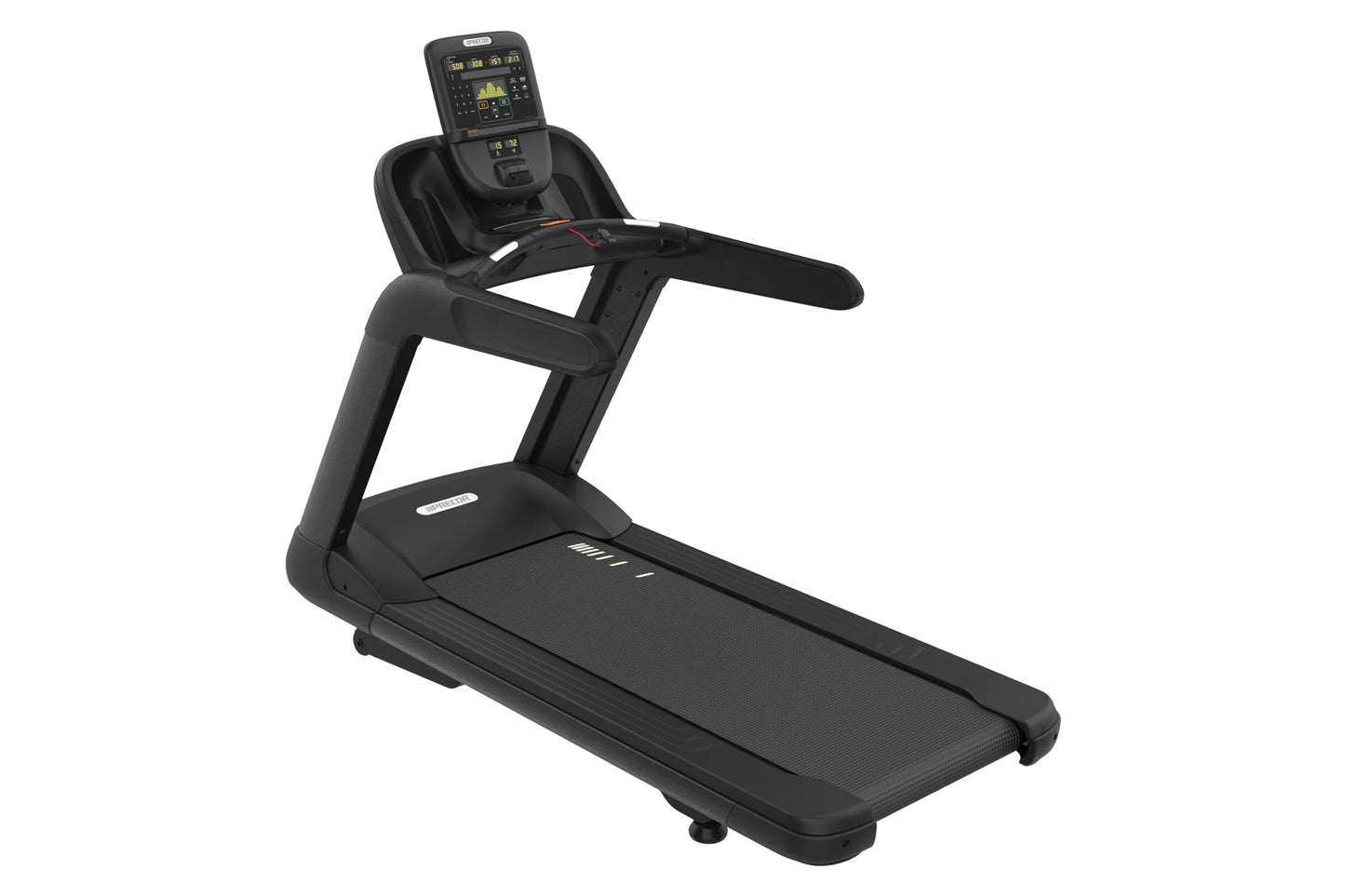 Black commercial treadmill with digital display console, cushioned running deck, and stationary handrails on white background