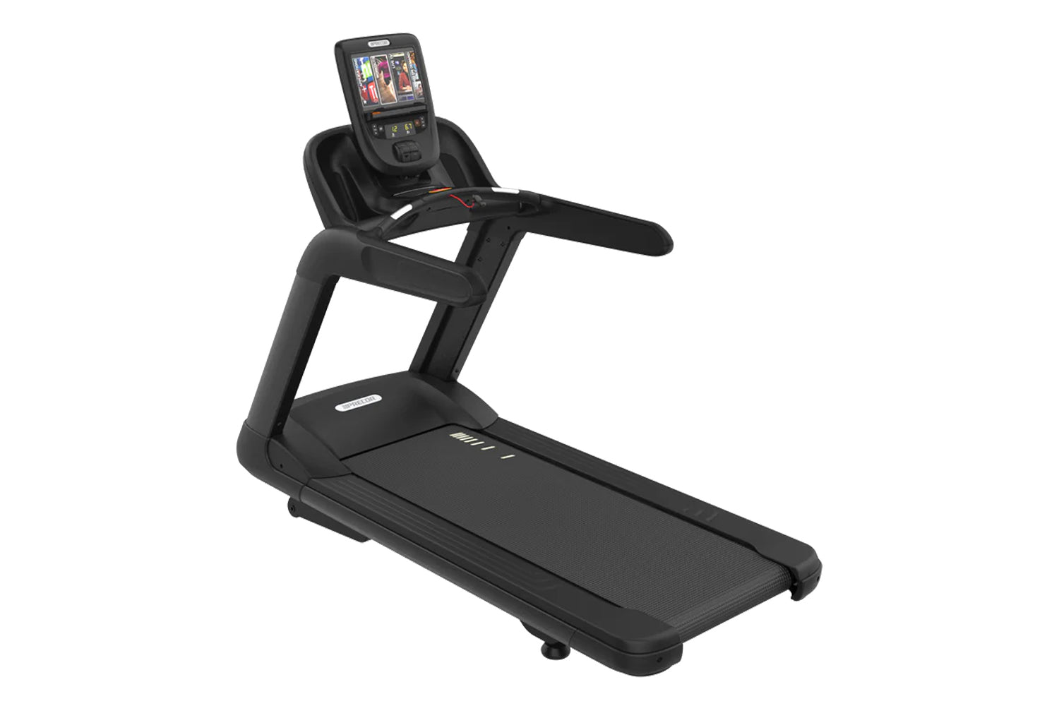 Black treadmill with digital display console and handlebar grips on white background