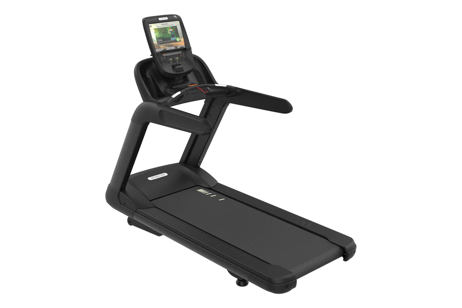 Black commercial treadmill with digital console display and handlebar controls on white background