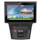 Precor TRM 800 treadmill with touchscreen display showing HIIT workout interface, black frame with red stop button and digita