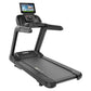 Black motorized treadmill with gray accents, digital console display with touchscreen, handrails, and cushioned running deck 