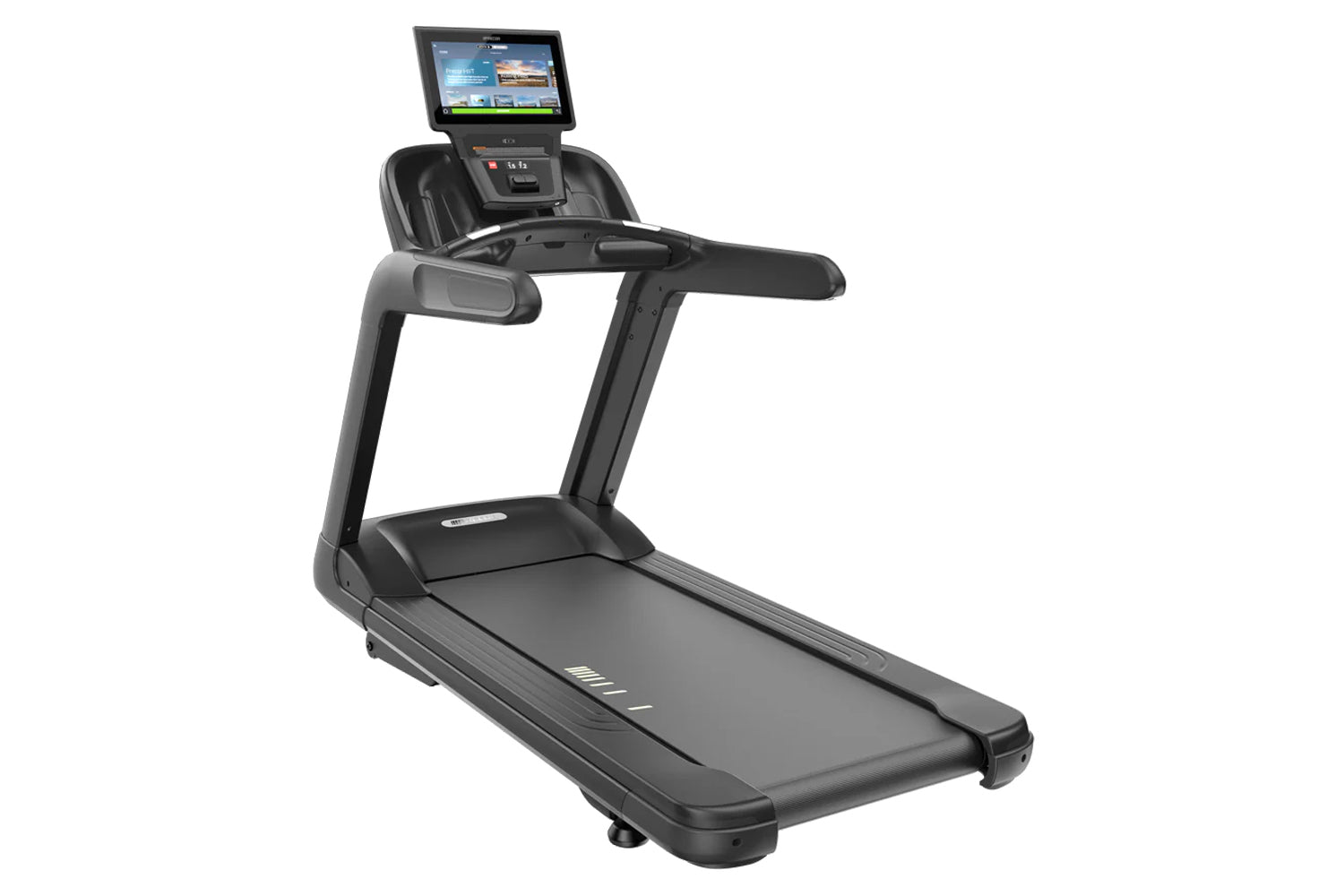 Black motorized treadmill with gray accents, digital console display with touchscreen, handrails, and cushioned running deck 