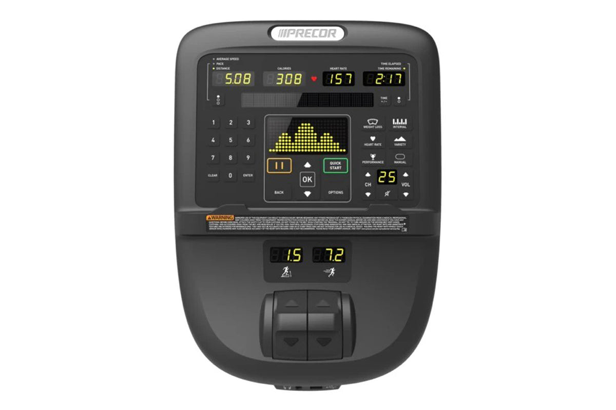 Precor TRM 835 treadmill console with digital display showing workout metrics, numeric keypad, and control buttons on black b