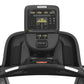 Precor TRM 835 black treadmill with digital console displaying workout metrics and yellow equalizer graph on white background