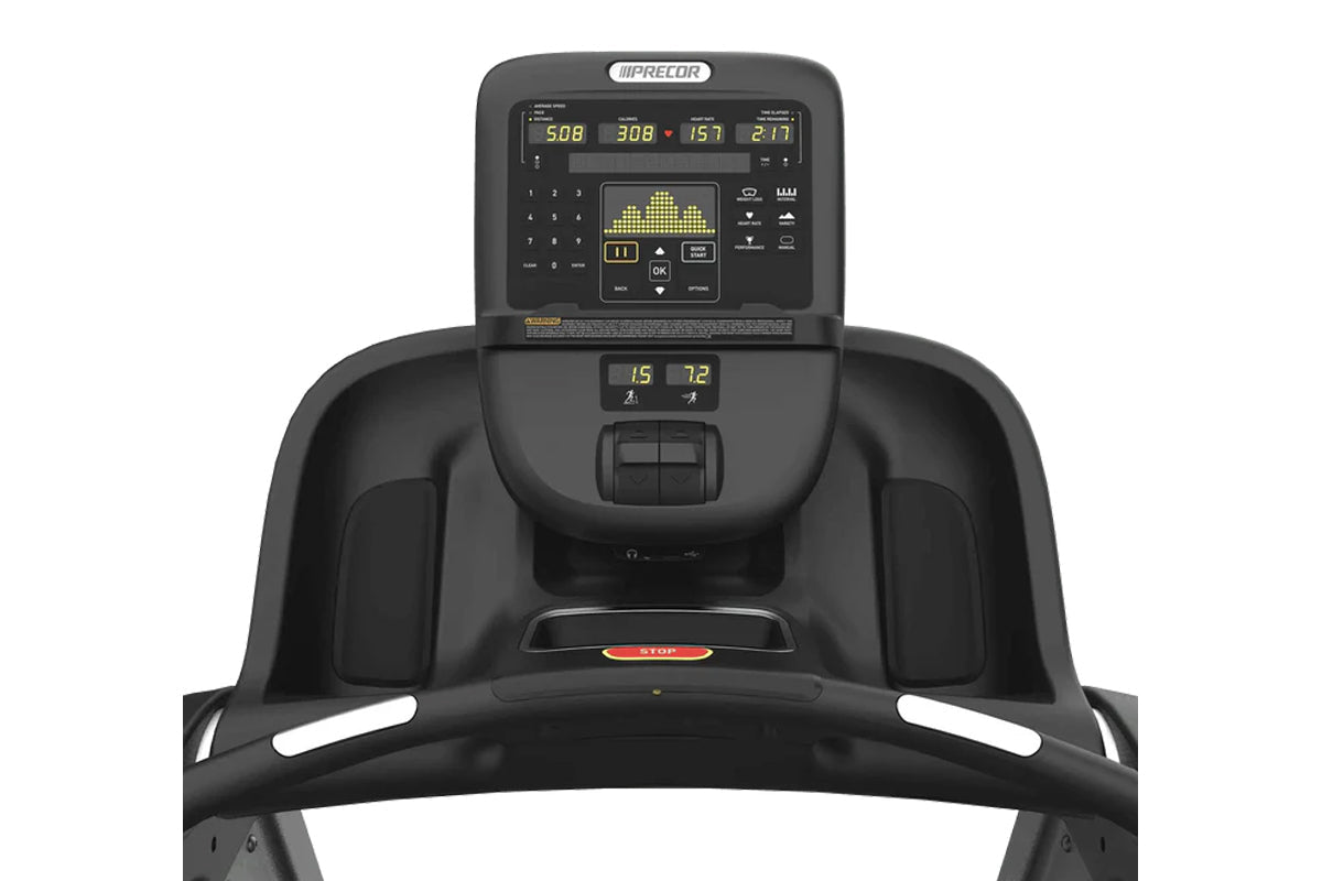 Precor TRM 835 black treadmill with digital console displaying workout metrics and yellow equalizer graph on white background