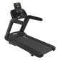 Black commercial treadmill with digital display console, handrails, and cushioned running deck on white background