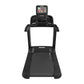 Black motorized treadmill with digital display console mounted on handles, textured running belt, and white background