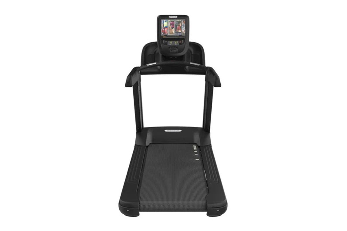 Black motorized treadmill with digital display console mounted on handles, textured running belt, and white background