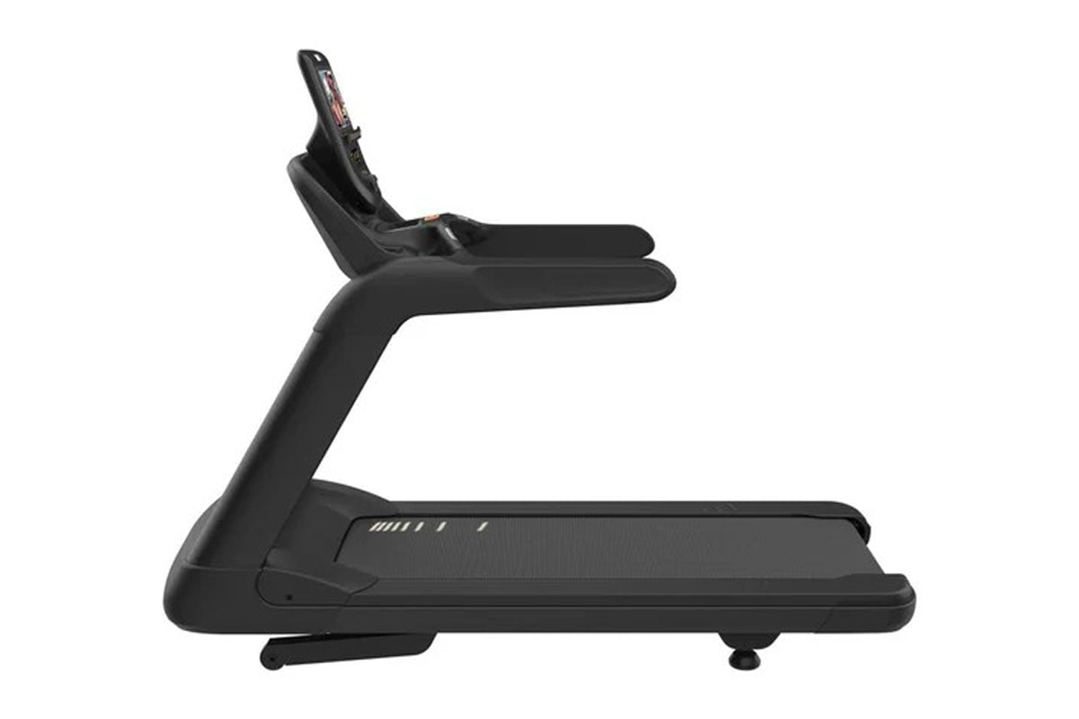 Black commercial treadmill with curved frame, digital console, and cushioned running deck on white background